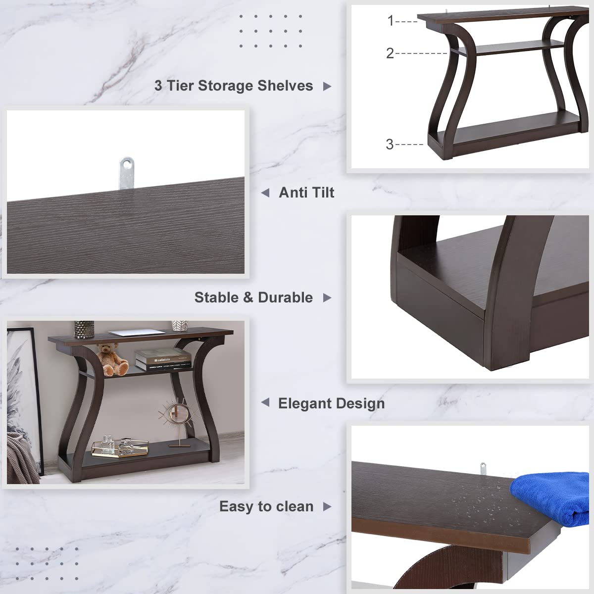 3-Tier Wood Console Table with Curved Legs - 47 Inch Cappuccino