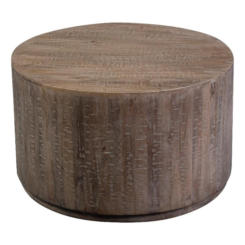 Round Mango Wood Coffee Table Gray Wash Finish 30 Inch
