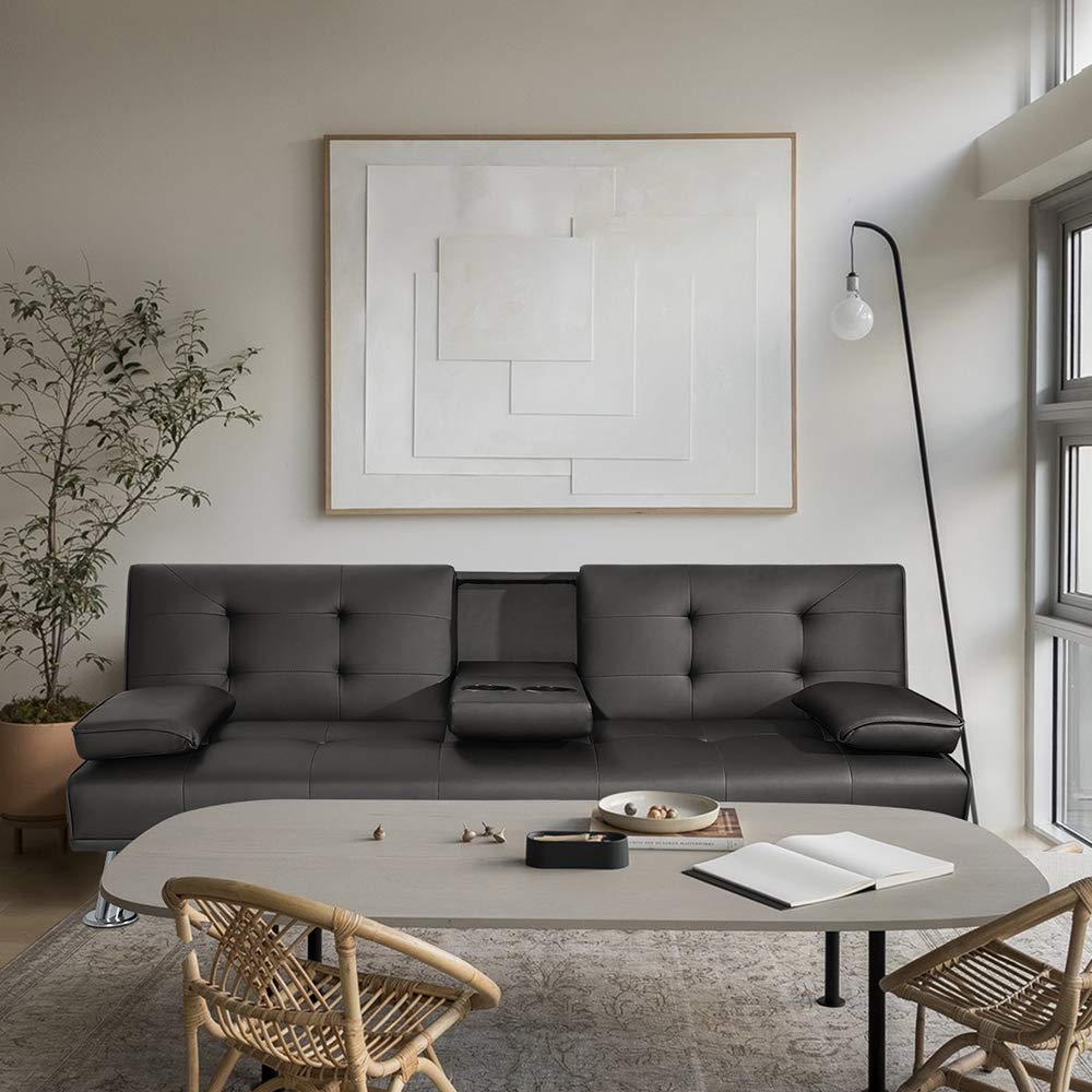 Convertible Futon Sofa Bed with Cup Holders - Faux Leather Recliner Couch