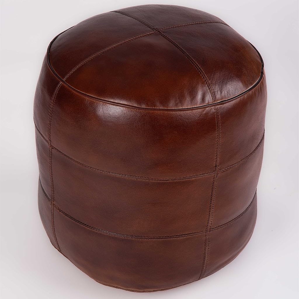 Handmade Buffalo Leather Round Pouf Ottoman