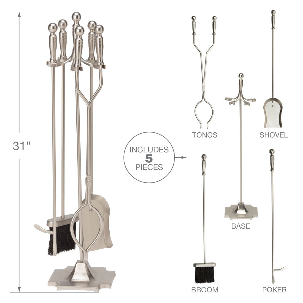 5-Piece Satin Pewter Fireplace Tools Set with Pedestal Stand