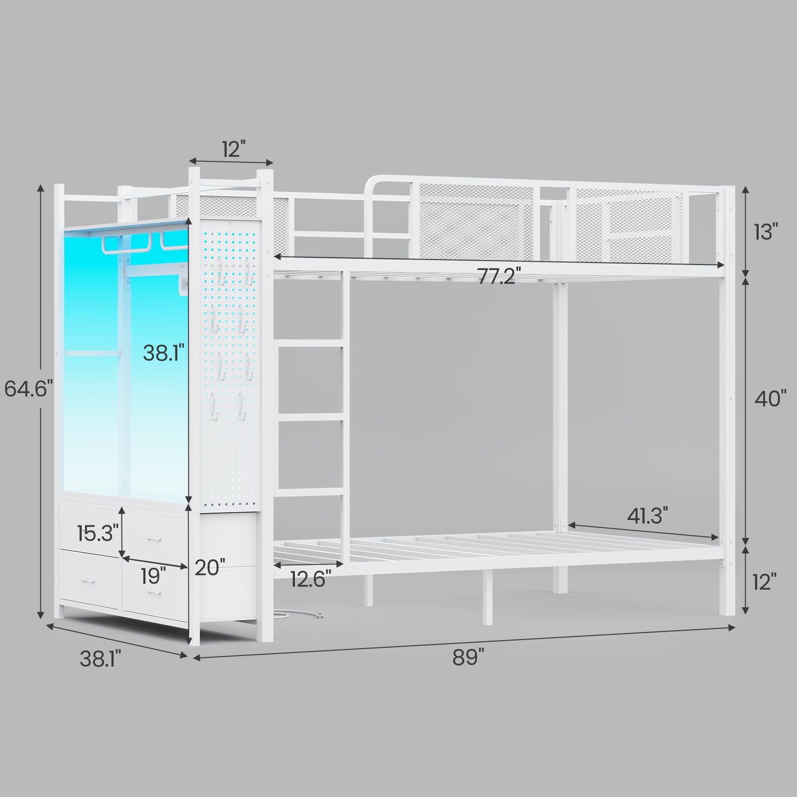 Full Metal Bunk Bed with Storage and LED Lights