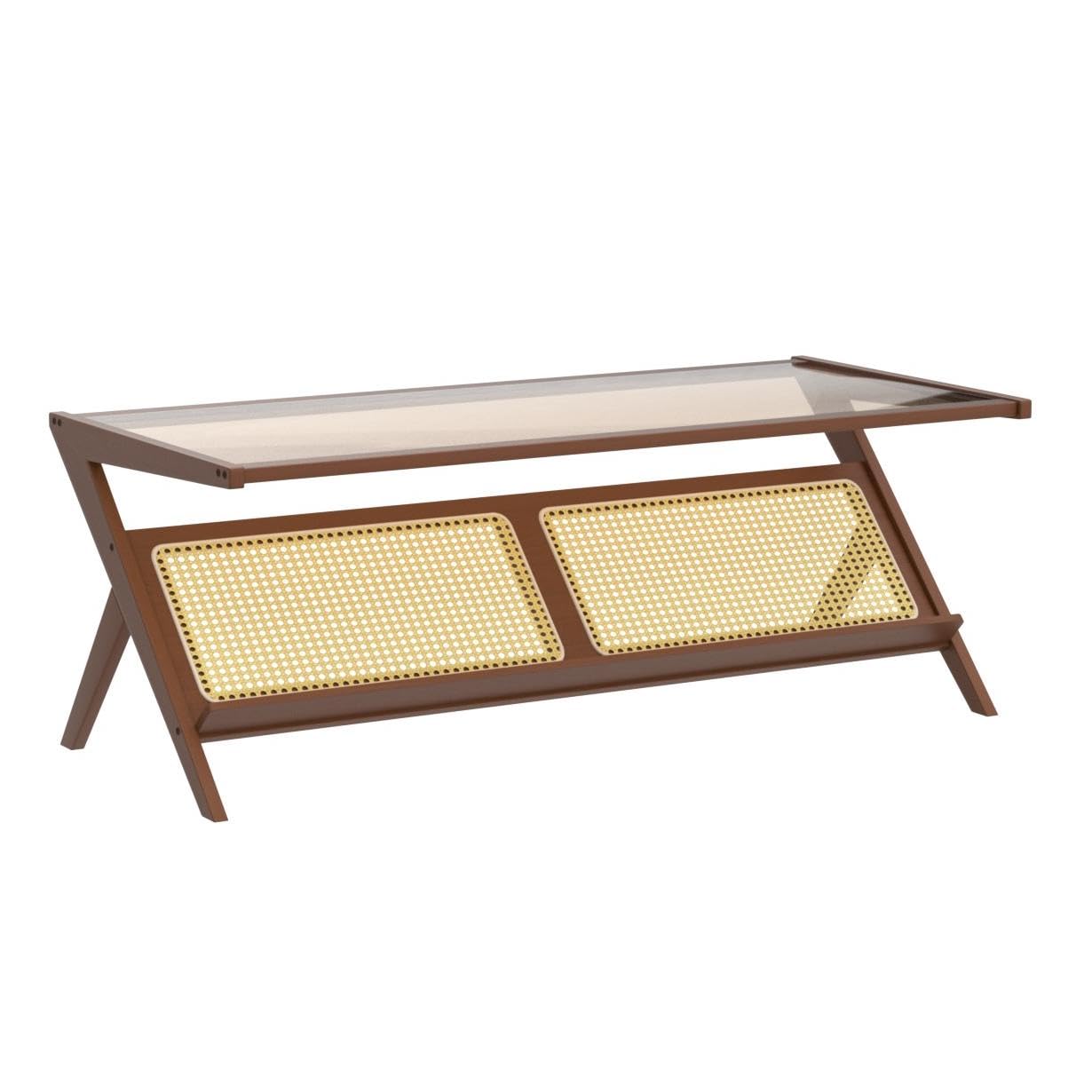 Mid-Century Modern Coffee Table with Glass Top and Rattan Storage