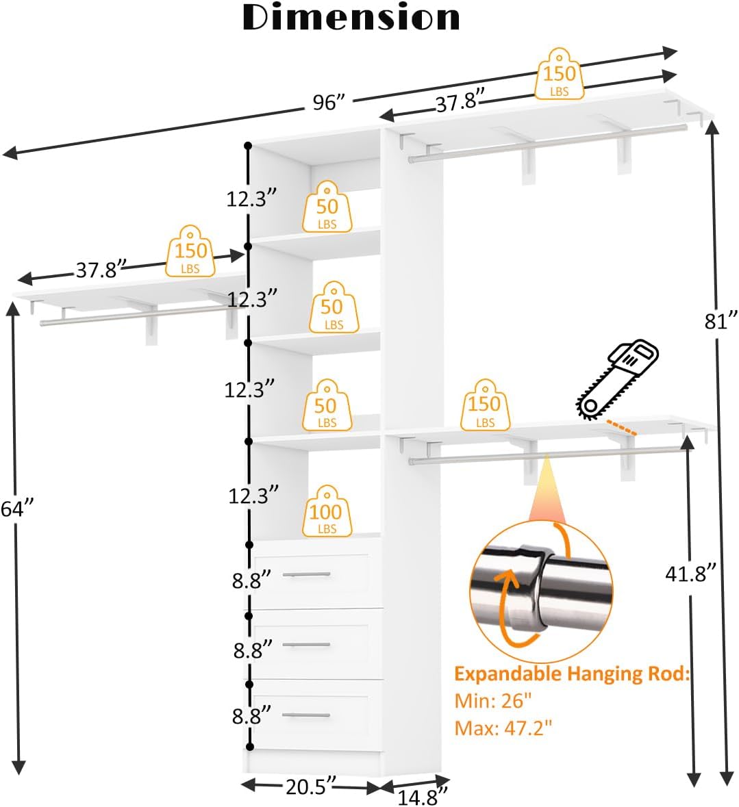 Walk-In Closet Organizer System with Drawers