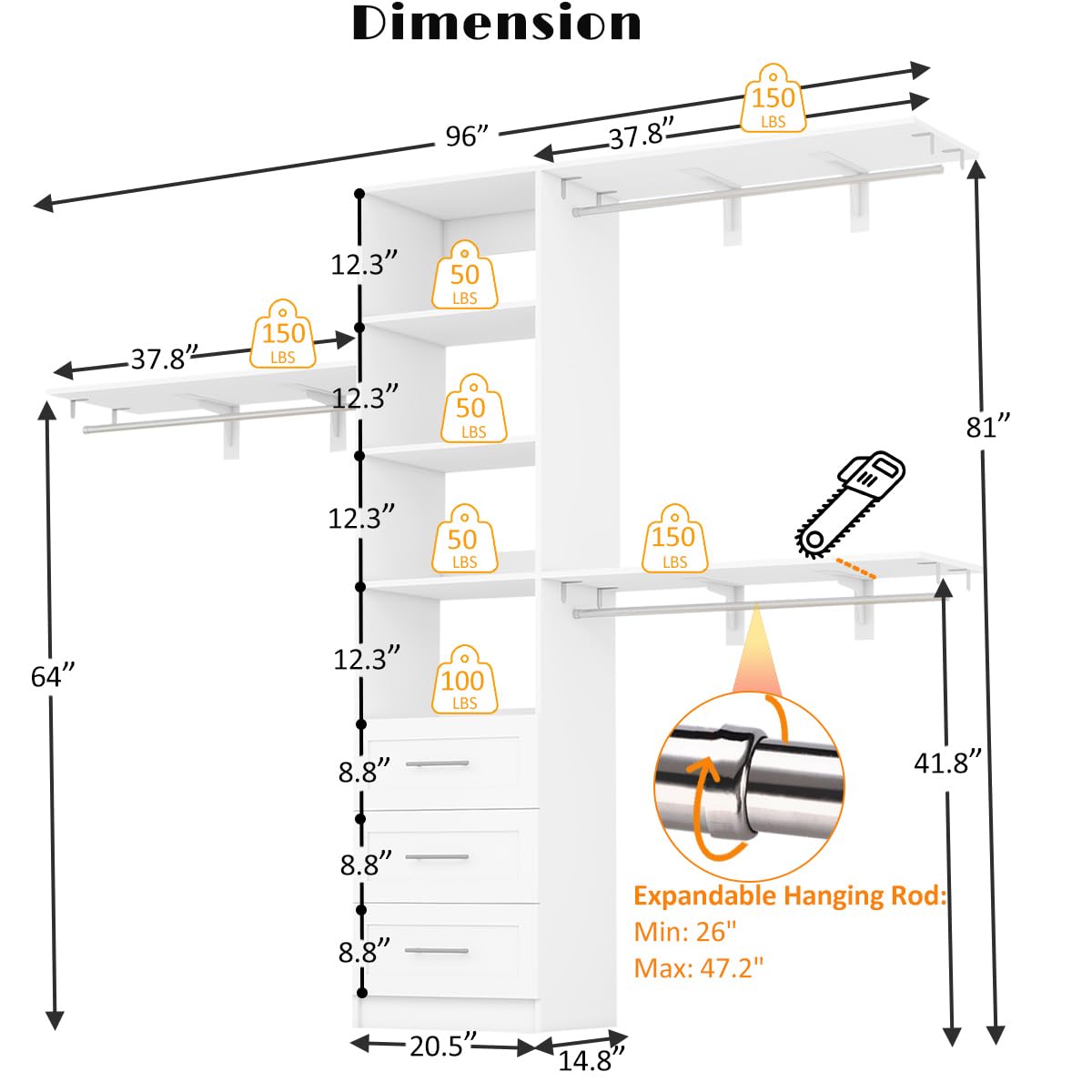Walk-In Closet Organizer System with Drawers