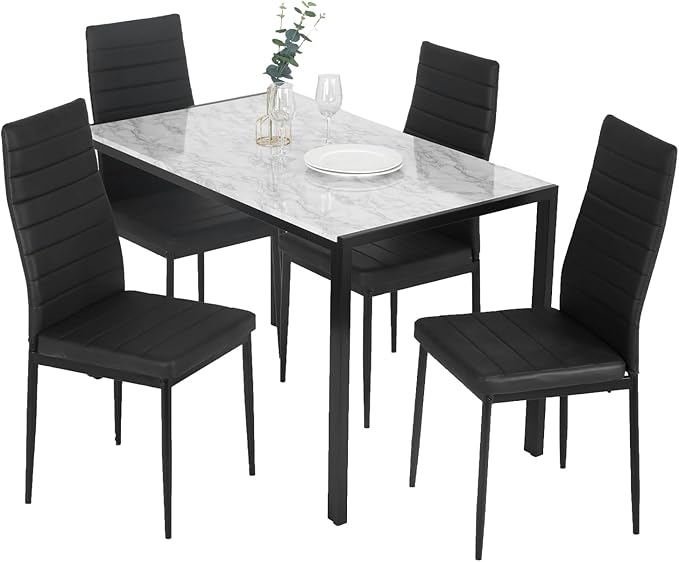 5-Piece Dining Table Set with Glass Top and Upholstered Chairs