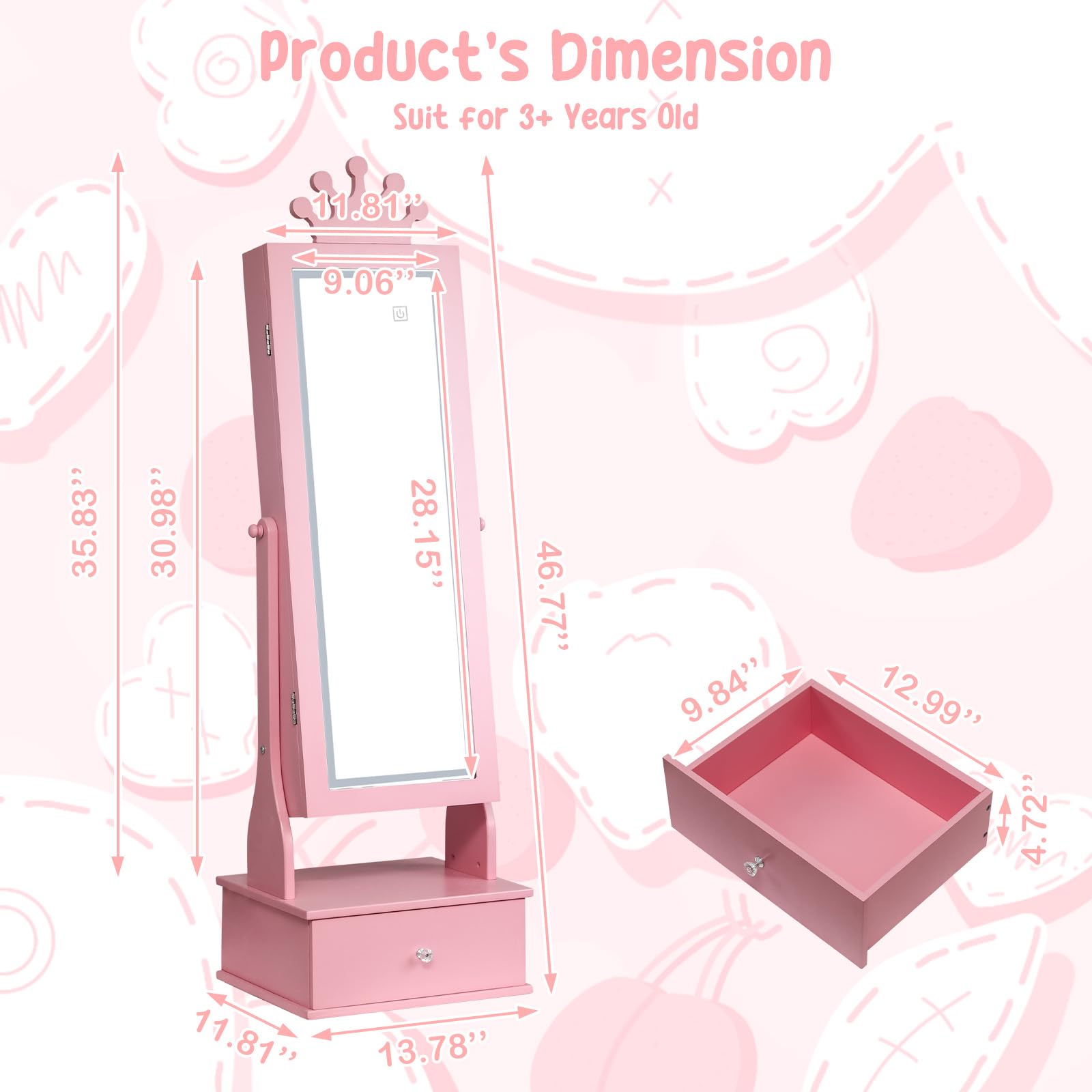 Kids Jewelry Armoire with LED Light and Full Length Mirror