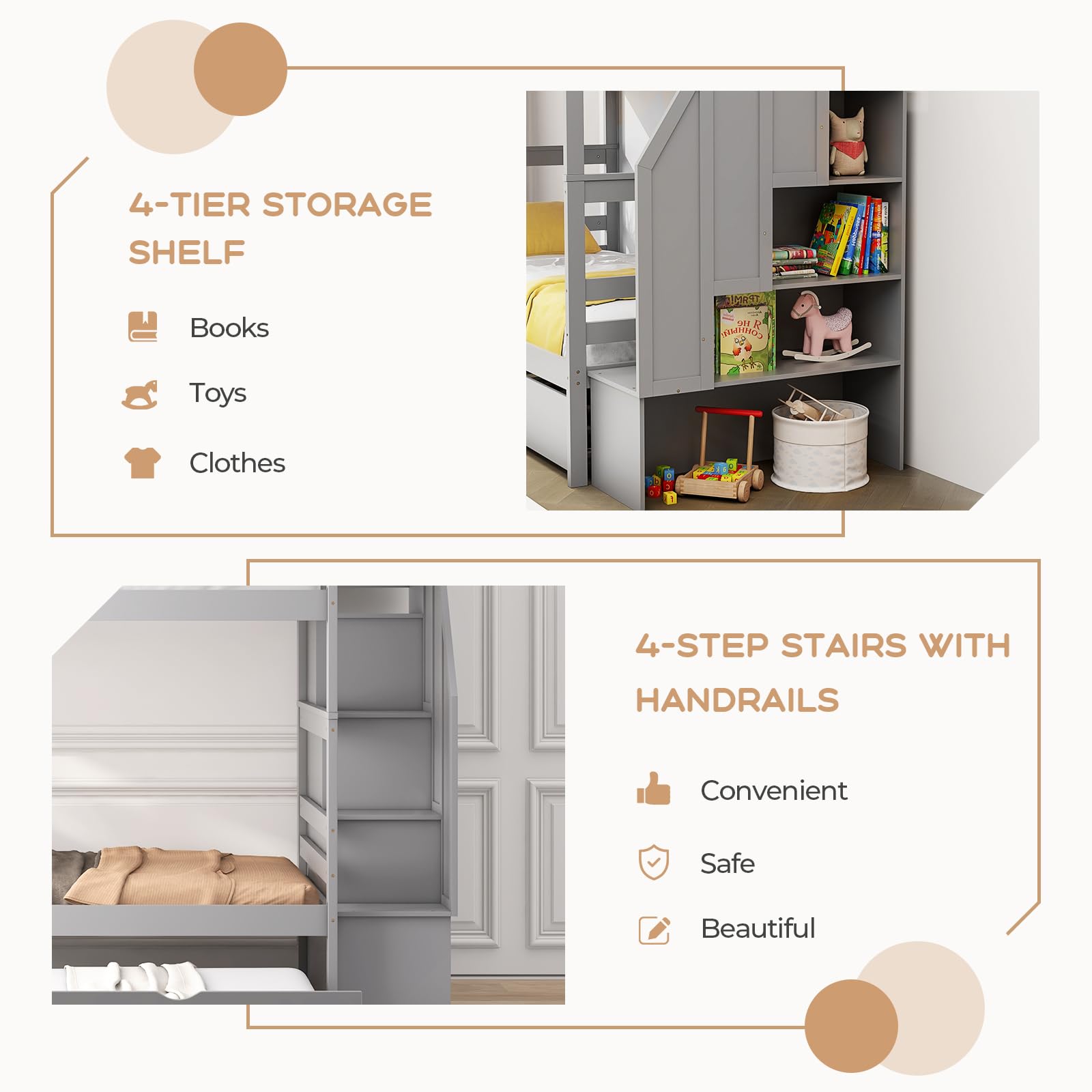 Twin Over Twin Bunk Bed with Trundle and Stairs