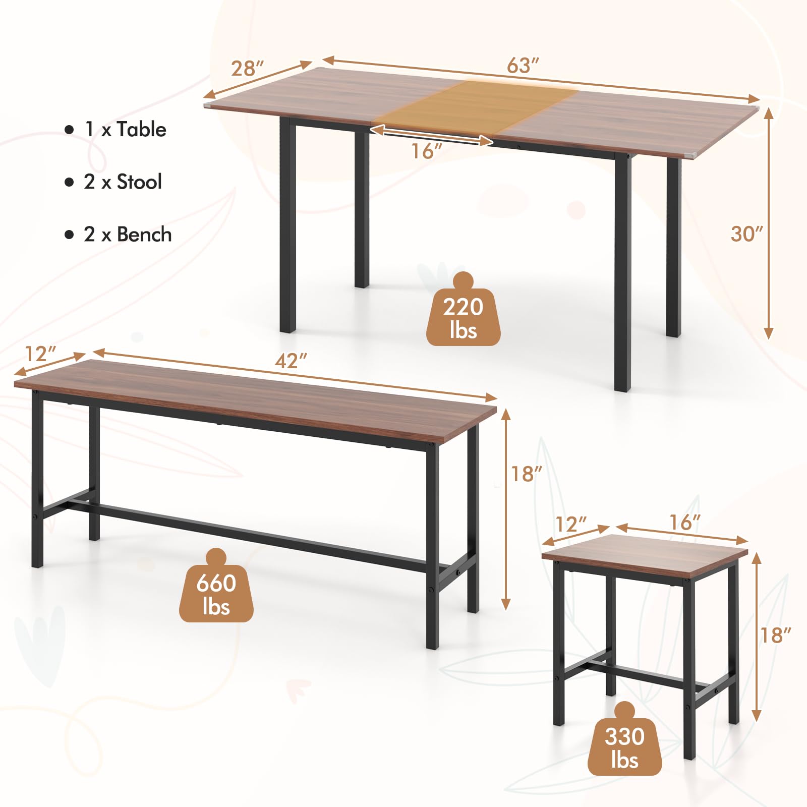 5-Piece Extendable Dining Table Set with Benches and Stools
