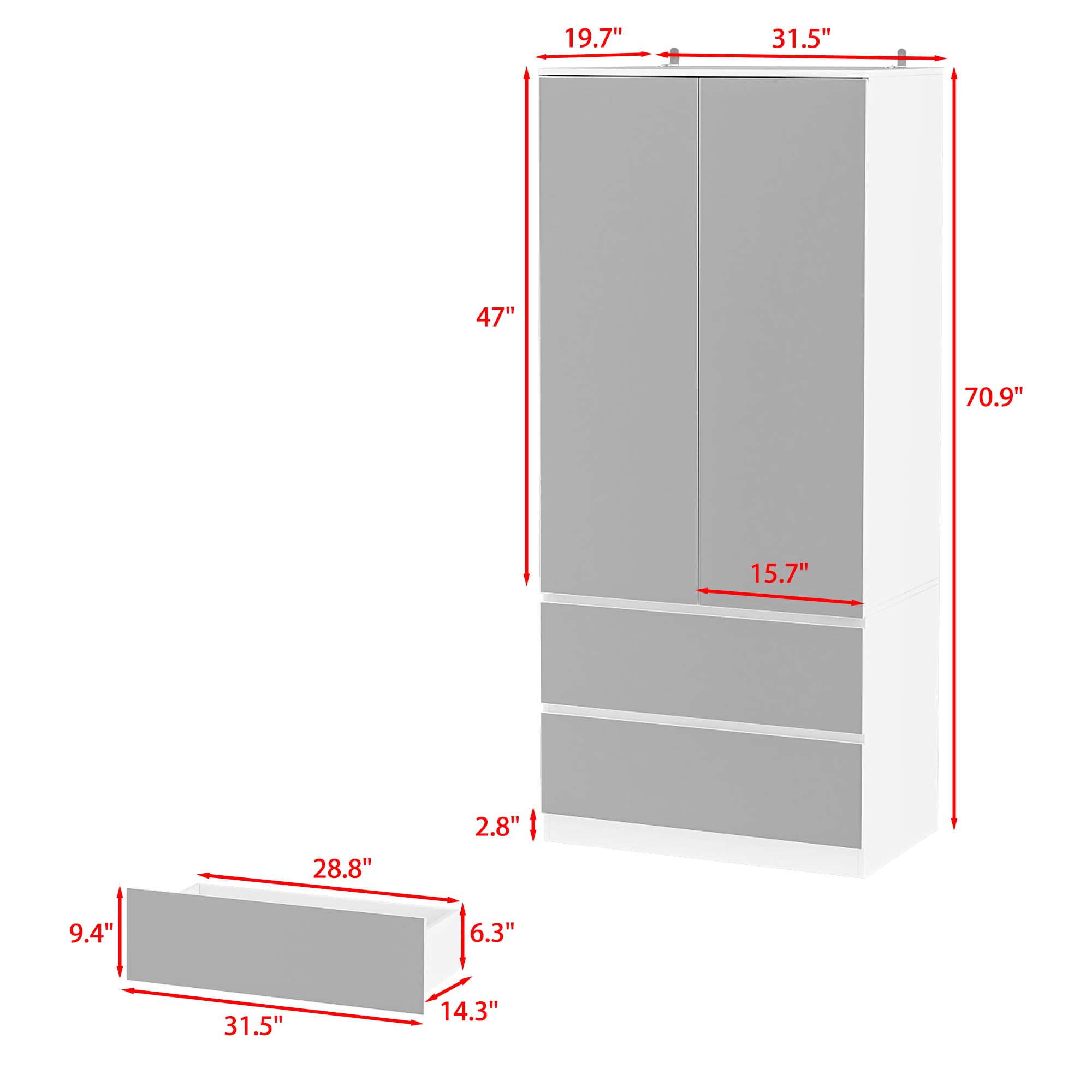 Mirrored Wardrobe Closet with 2 Doors, 2 Drawers & Hanging Rod