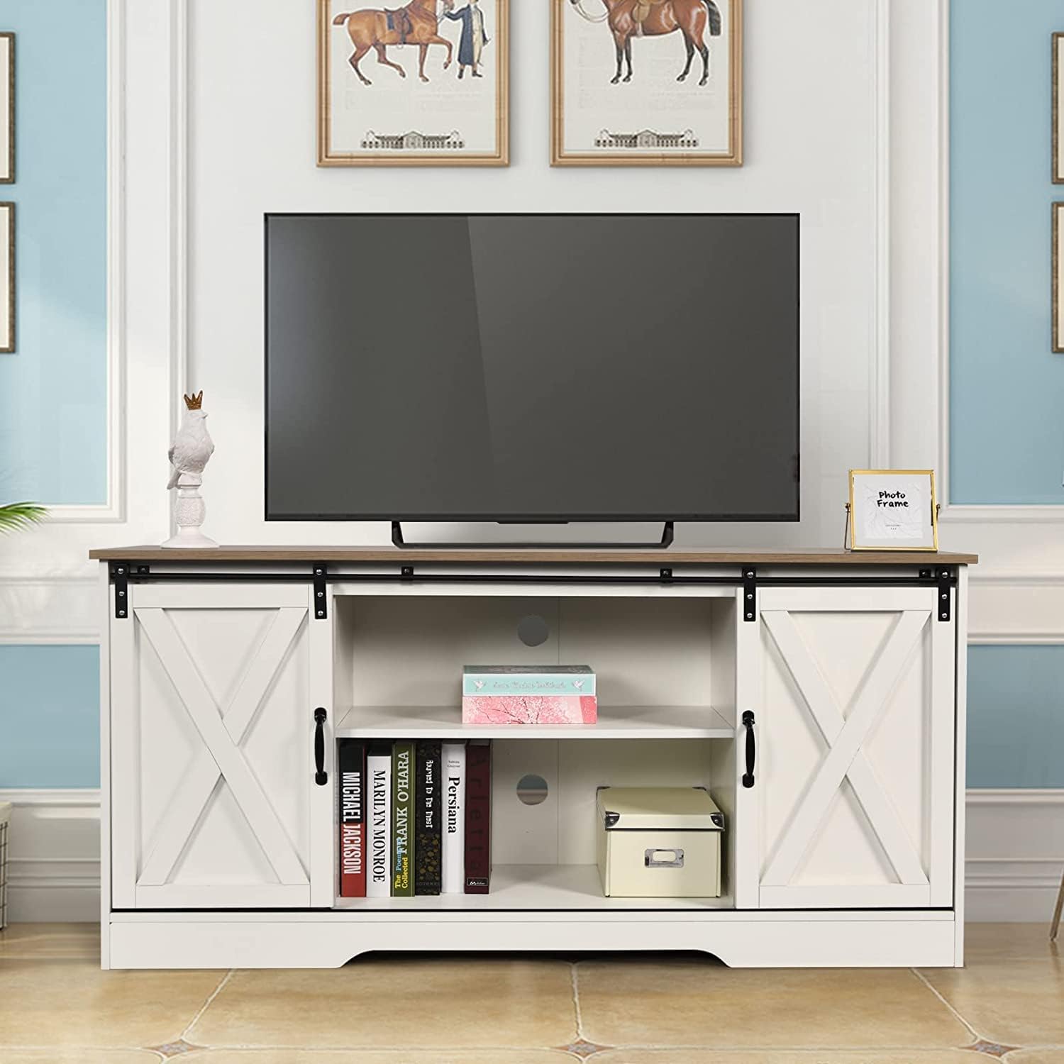 Farmhouse TV Stand for 65 Inch TV with Sliding Barn Doors - White