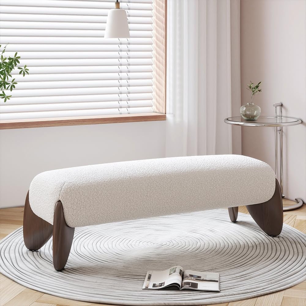 Modern Bedroom Furniture Set - White Boucle Queen Platform Bed with Bench