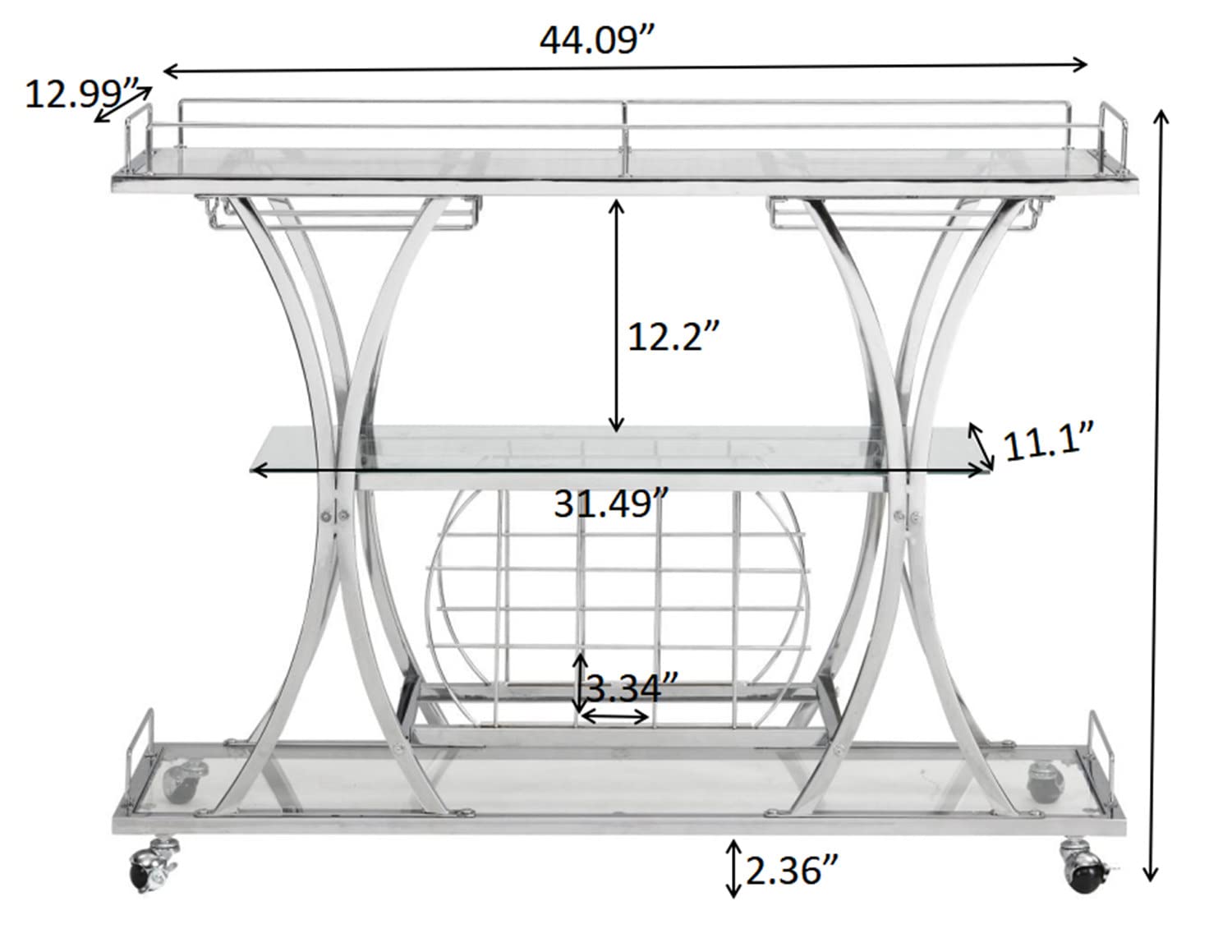 3-Tier Silver Bar Cart with Glass Holders and Wine Rack