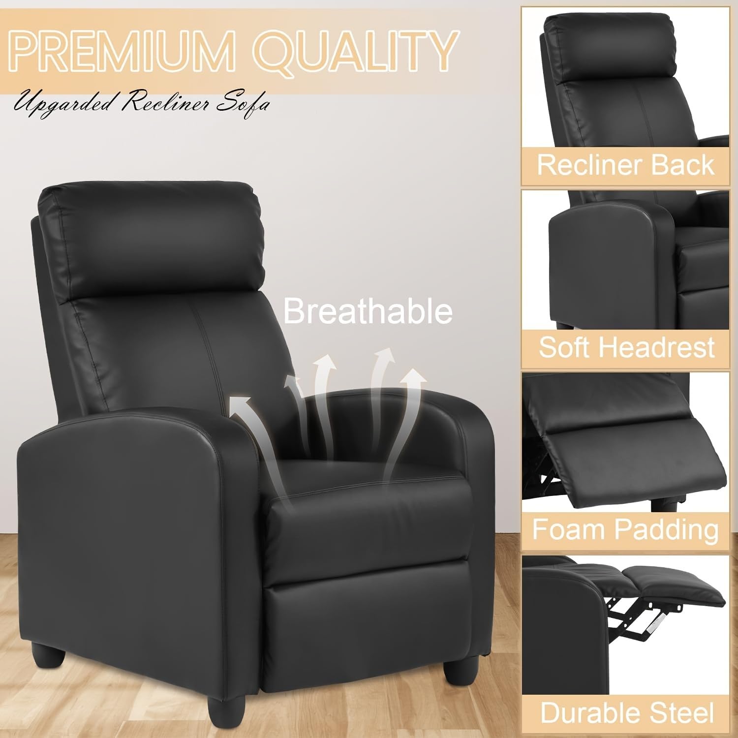 Massage Recliner Chair PU Leather Recliner Chair, Recliner Sofa for Adults, Home Theater Seating with Lumbar Support, Bedroom Living Room Chair with Padded Seat Backrest, Black