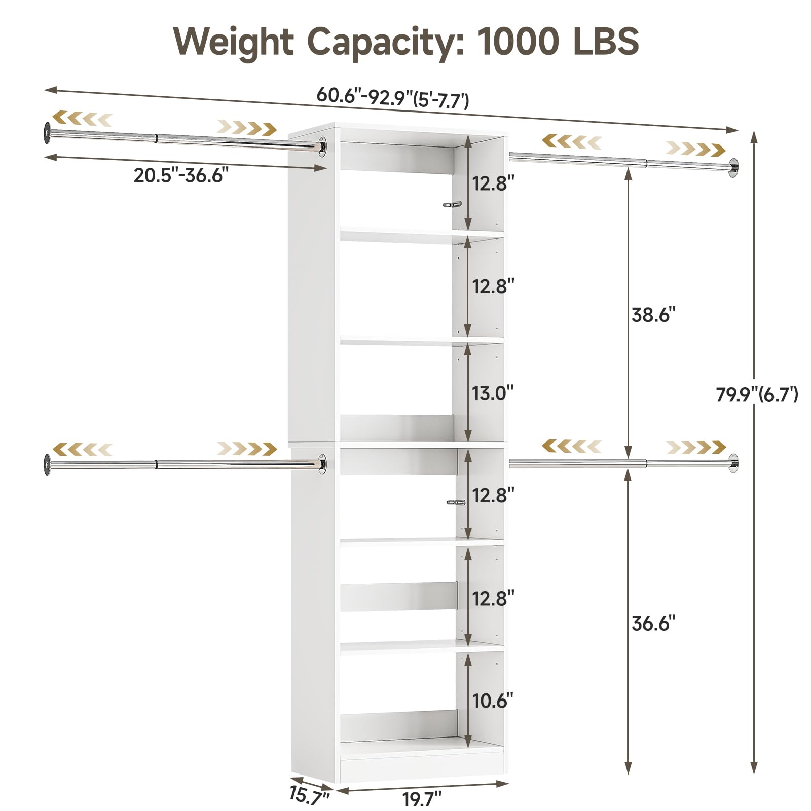 Wall-Mounted Closet Organizer System with Telescopic Rods and Adjustable Shelves
