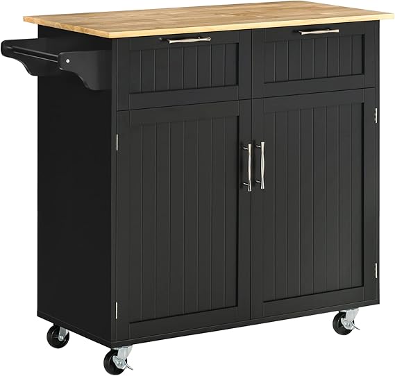 Modern Rolling Kitchen Island with Rubberwood Top