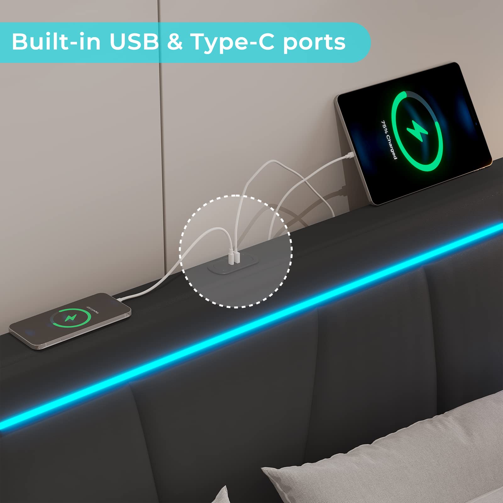 Queen Bed Frame with LED Headboard, Storage Drawers & Charging Station