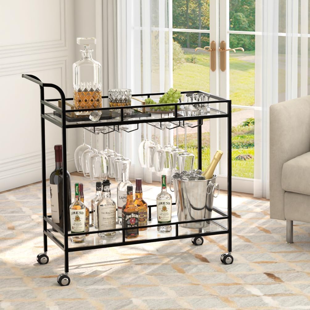 Large 2-Tier Bar Cart with Wine Rack and Glass Holder