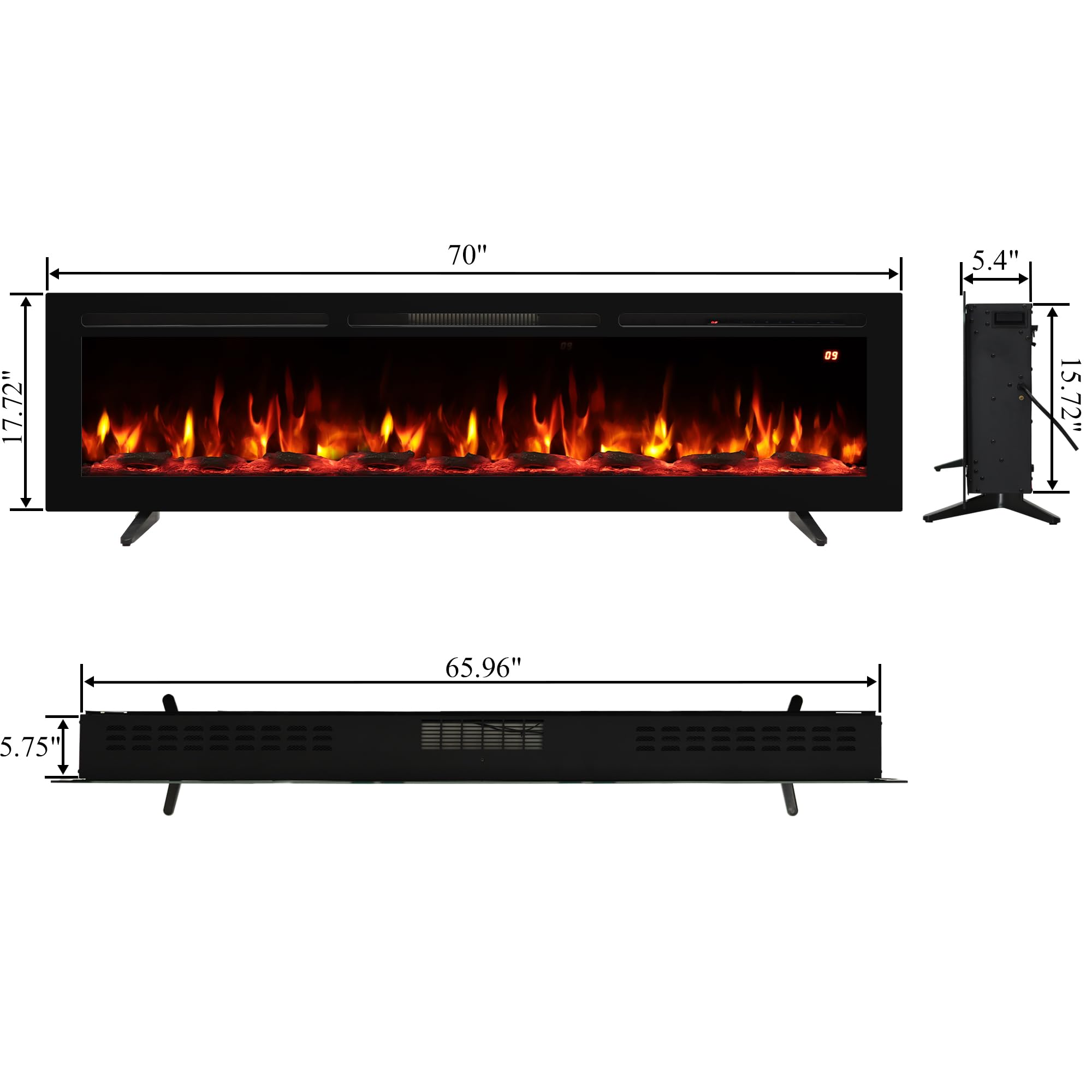 70 Inch Electric Fireplace Wall Mount Recessed Freestanding