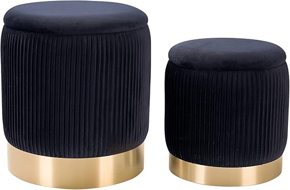 Round Velvet Nesting Storage Ottomans Set of 2 with Gold Metal Accent