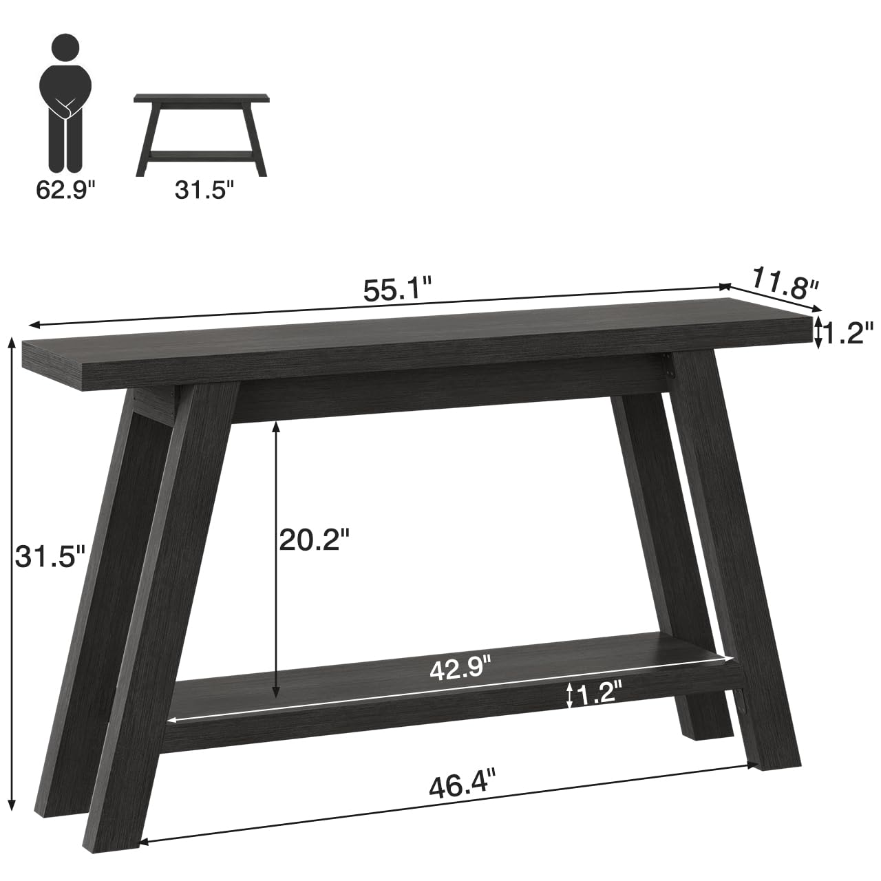55-Inch Black Console Table 2-Tier Entryway Hallway Sofa Table
