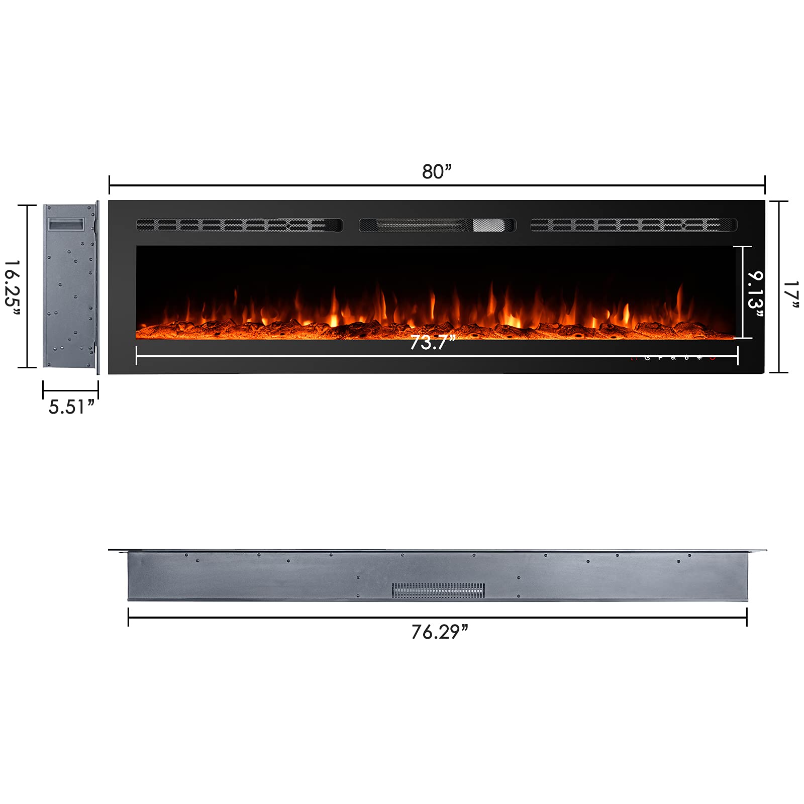 80 Inch Electric Fireplace Insert with Remote Control