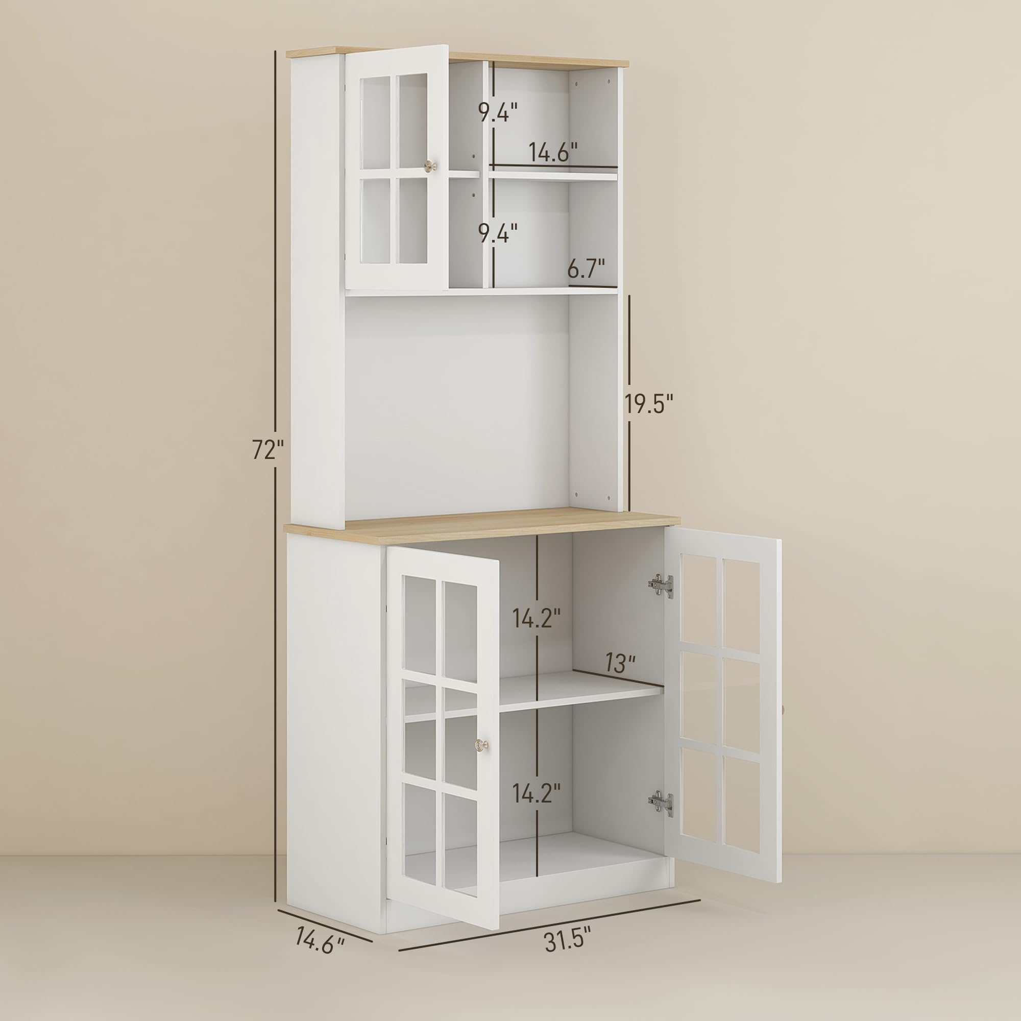 72" Kitchen Pantry Storage Cabinet with Glass Doors