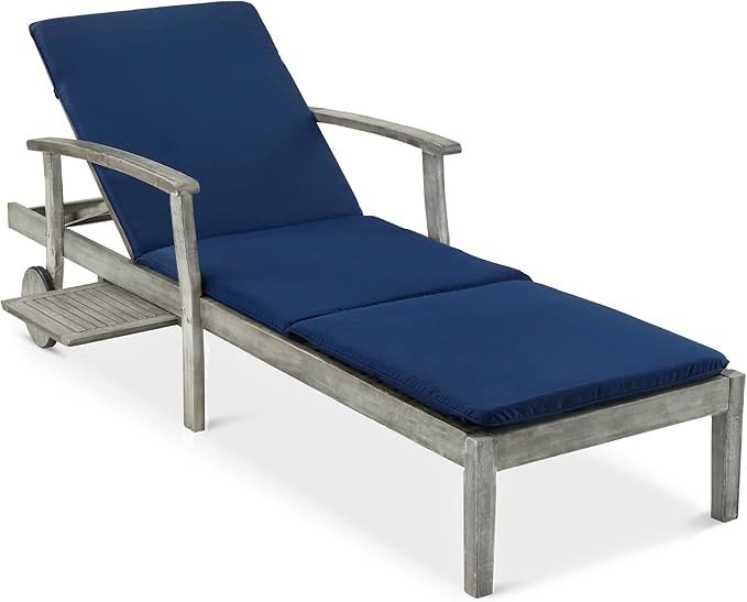 Acacia Wood Chaise Lounge Chair with Adjustable Backrest and Side Table