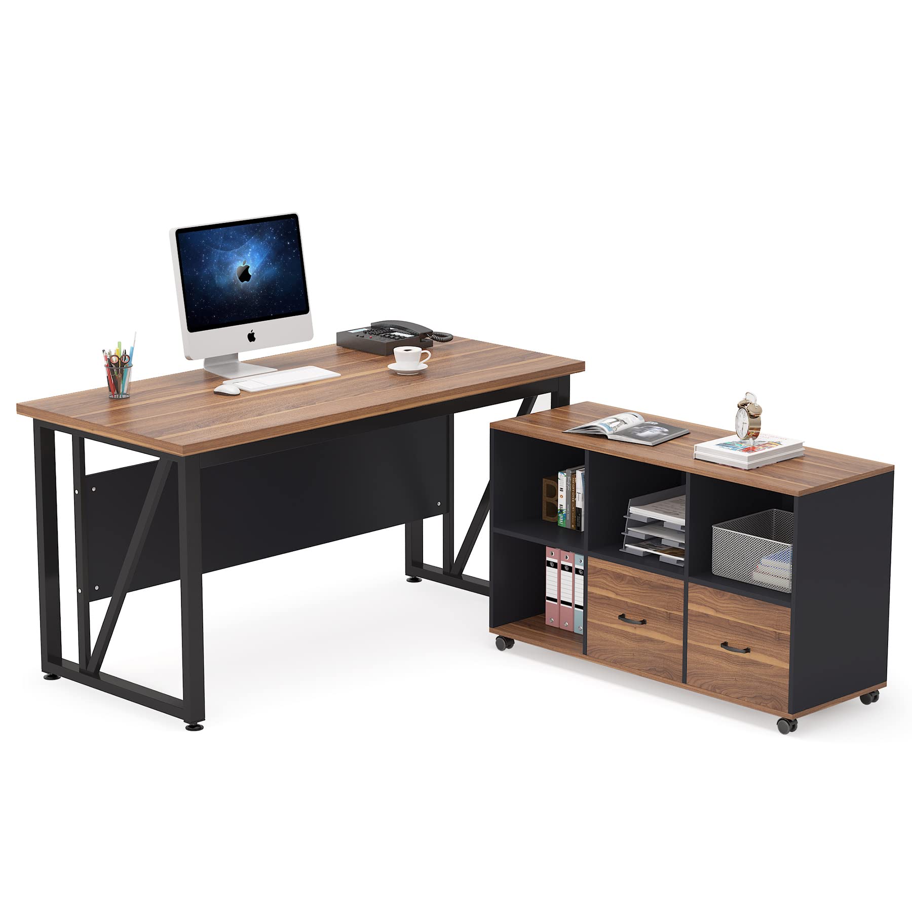 55" L-Shaped Executive Desk with File Cabinet