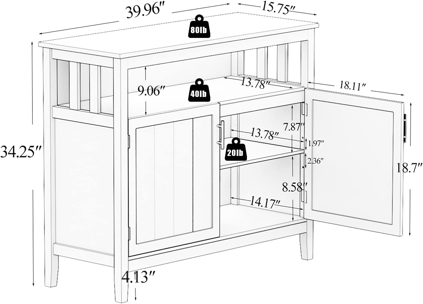 White Kitchen Buffet Cabinet with Adjustable Shelves