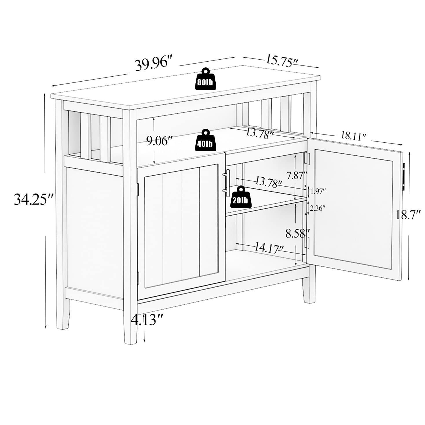 White Kitchen Buffet Cabinet with Adjustable Shelves