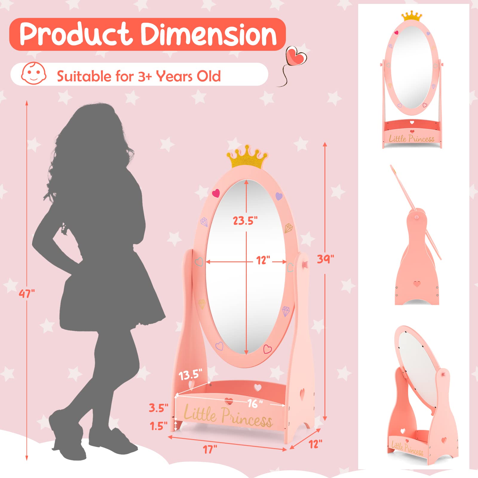 Kids Princess Floor Mirror with Storage Shelf