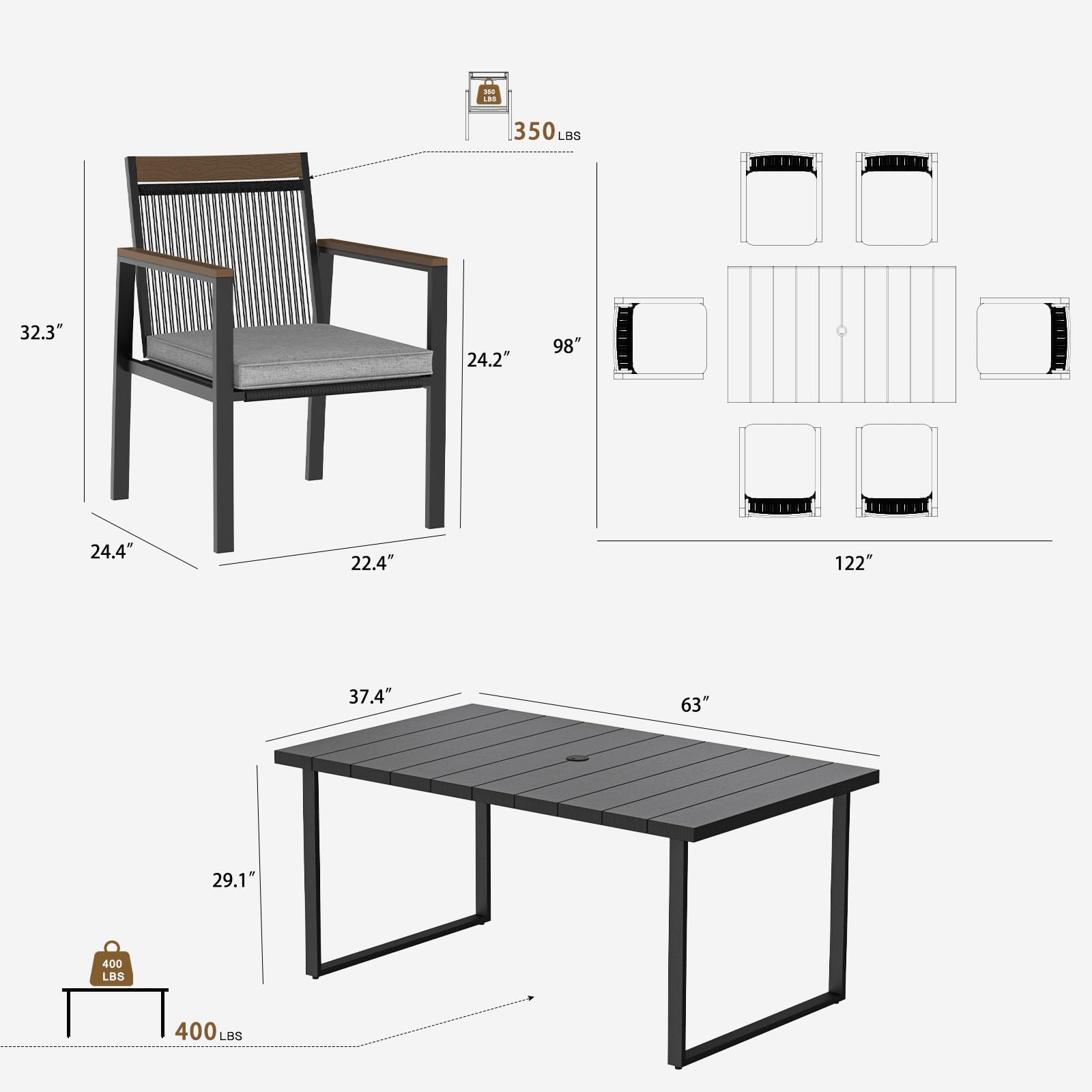 7-Piece Outdoor Dining Set with Umbrella Hole