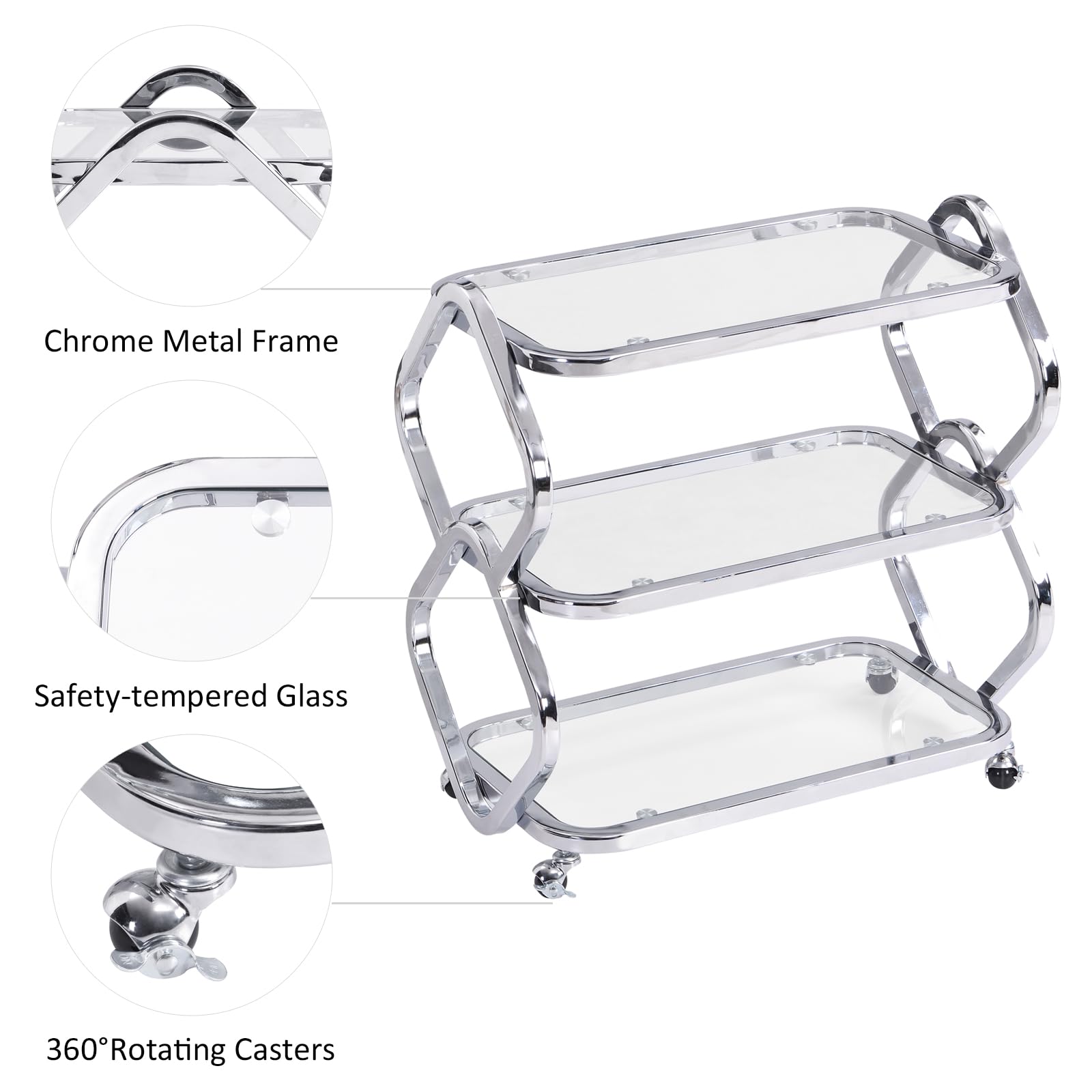 Silver Bar Cart with Wheels and Glass Shelves