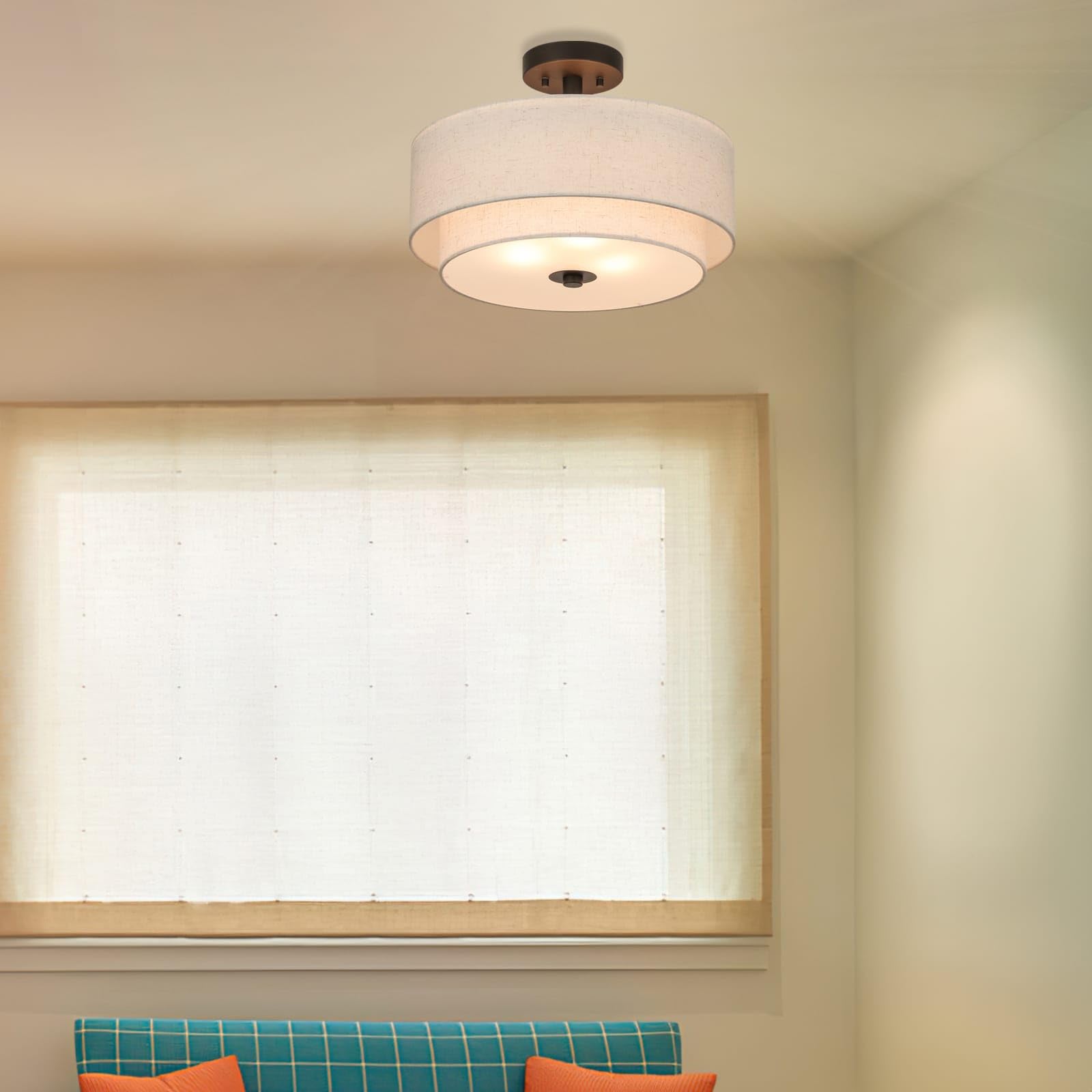 Drum Semi Flush Mount Ceiling Light - 3 Light Fixture with Fabric Shade
