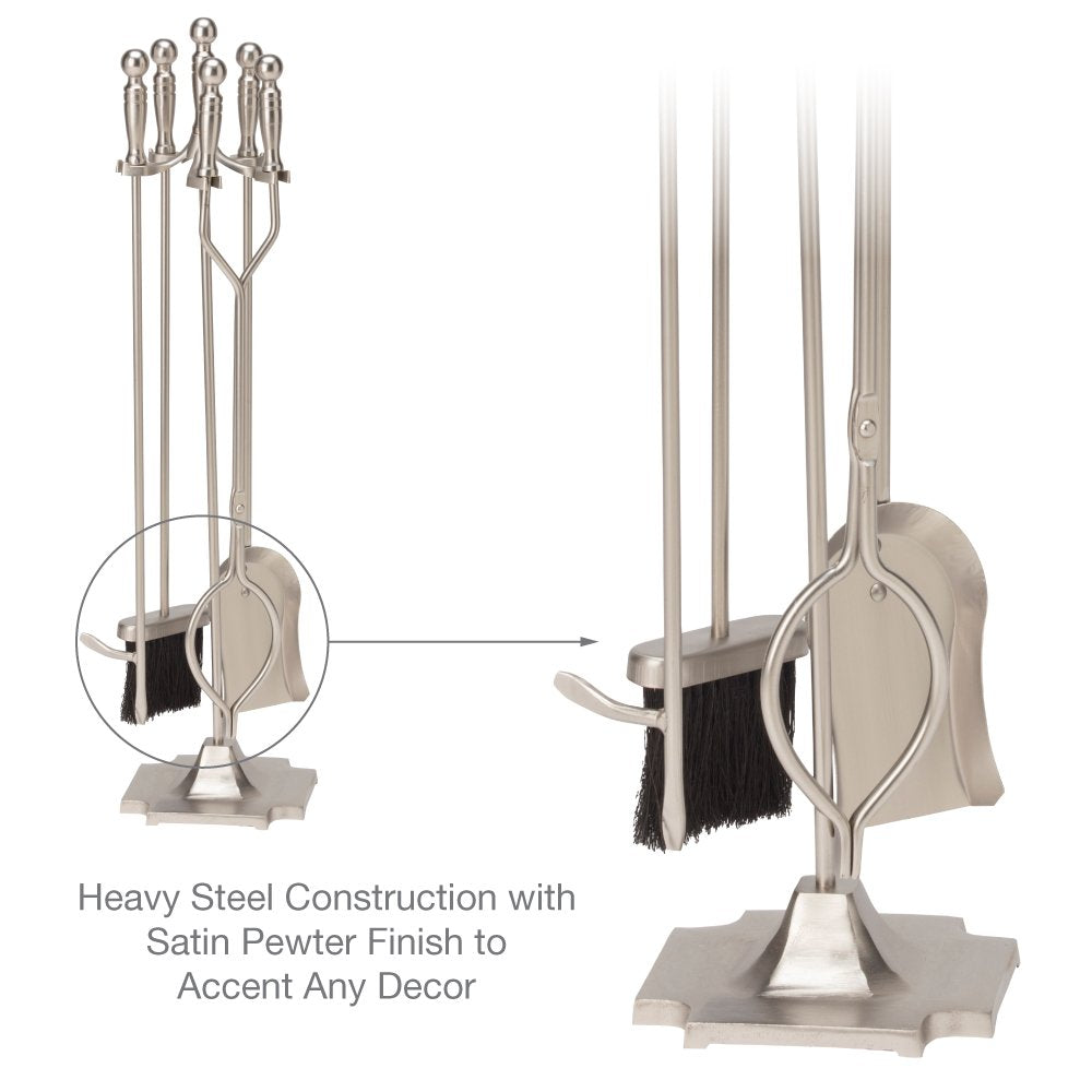 5-Piece Satin Pewter Fireplace Tools Set with Pedestal Stand