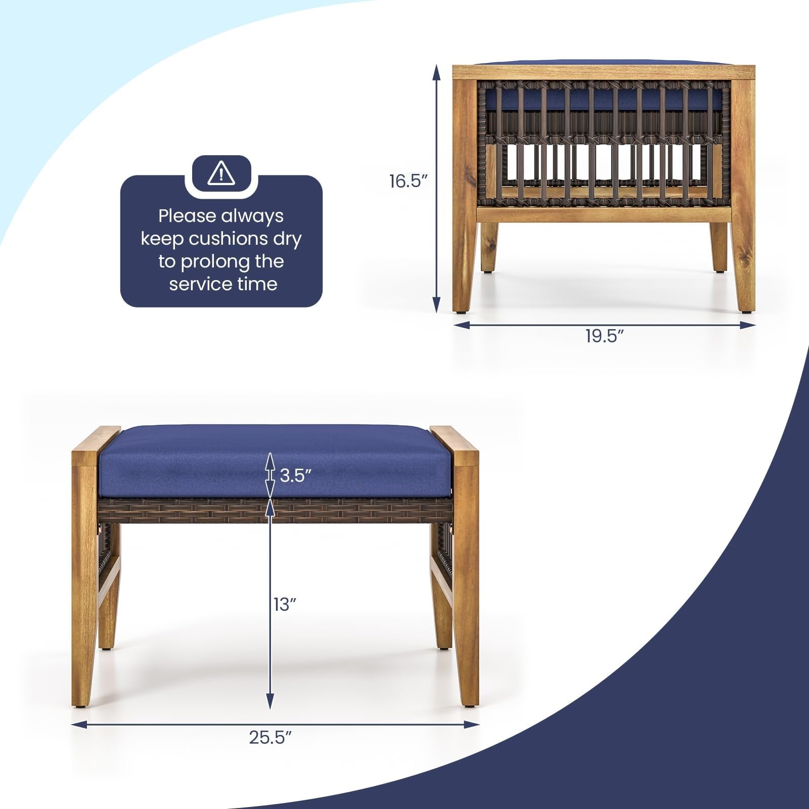 2-Piece Outdoor Patio Ottomans with Removable Cushions