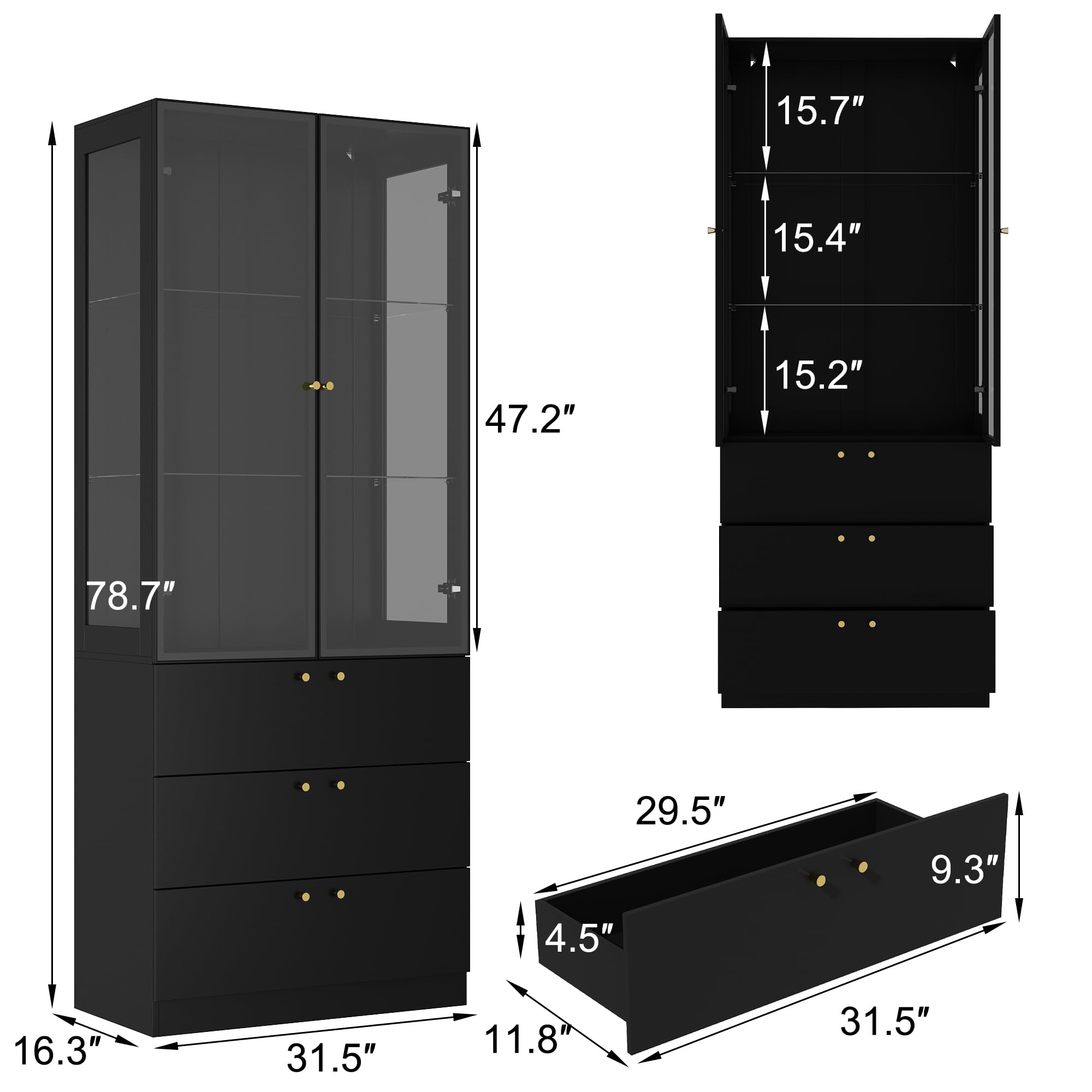 Lighted Bookcase with Drawers and Glass Doors