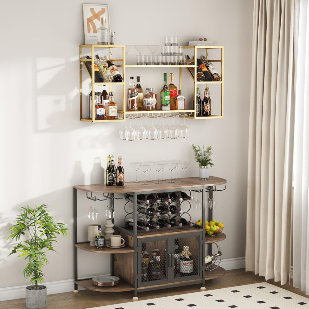 2-Tier Wall Mounted Wine Rack with Glass Holder