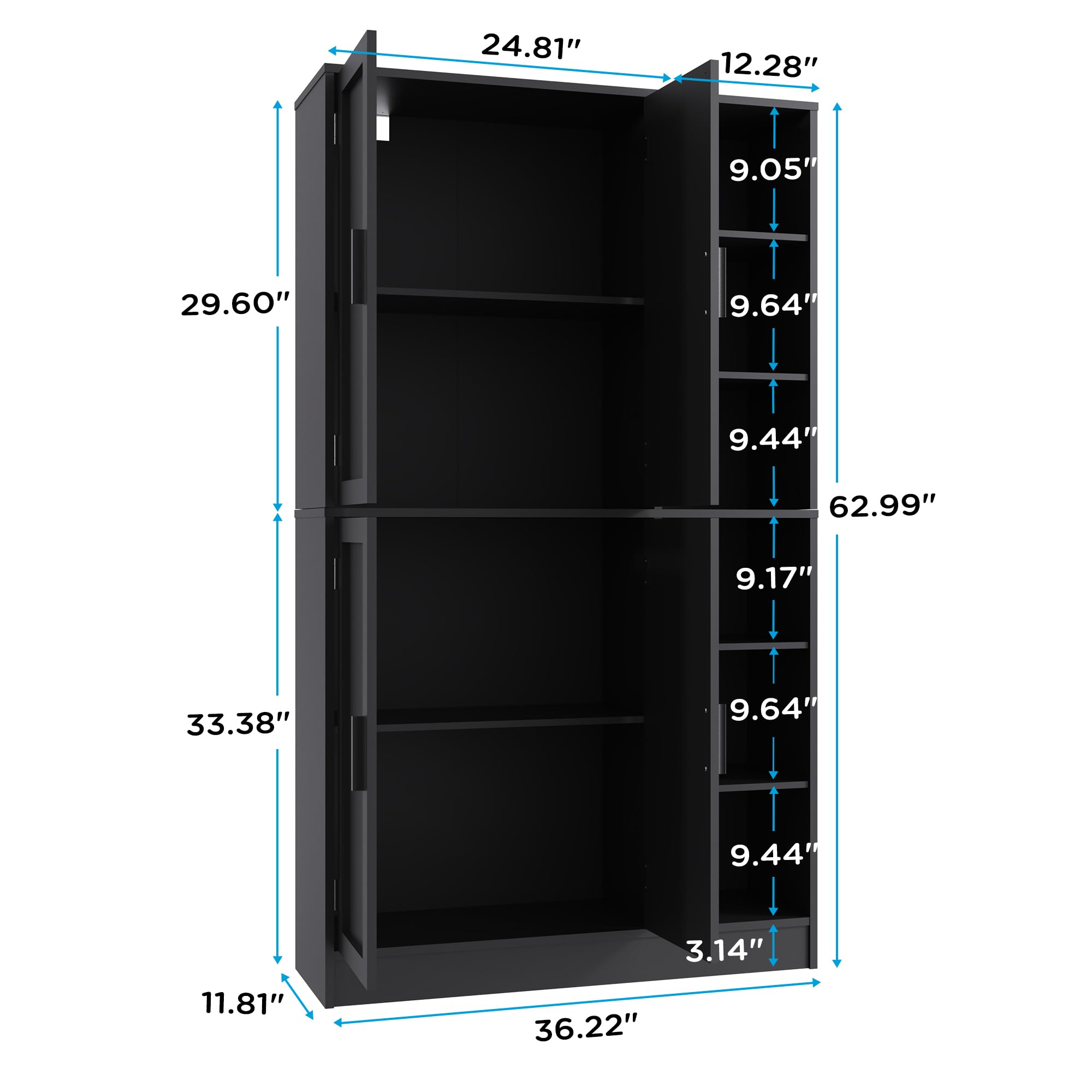 63" Tall Black Kitchen Pantry Storage Cabinet