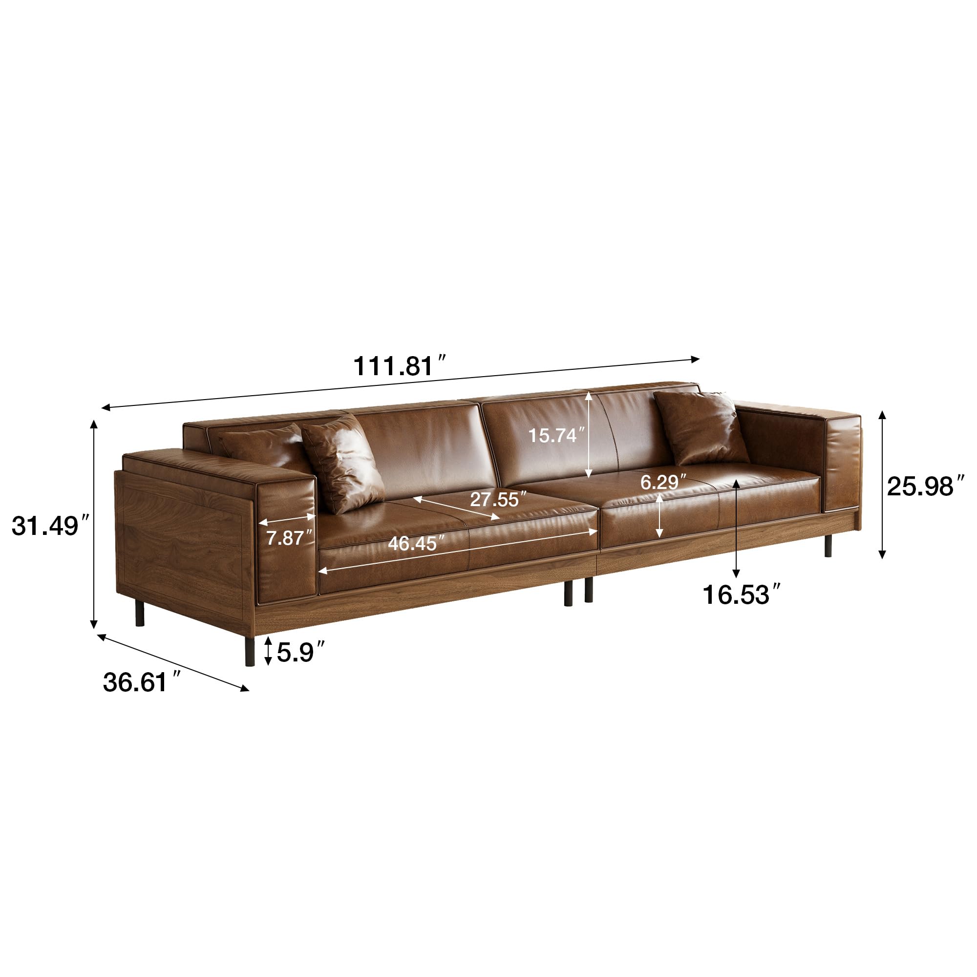 Brown Leather Sofa 3-Seater with Wood Frame