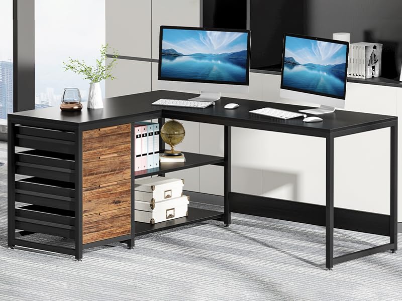 L-Shaped Computer Desk with Storage Drawers 59 Inch