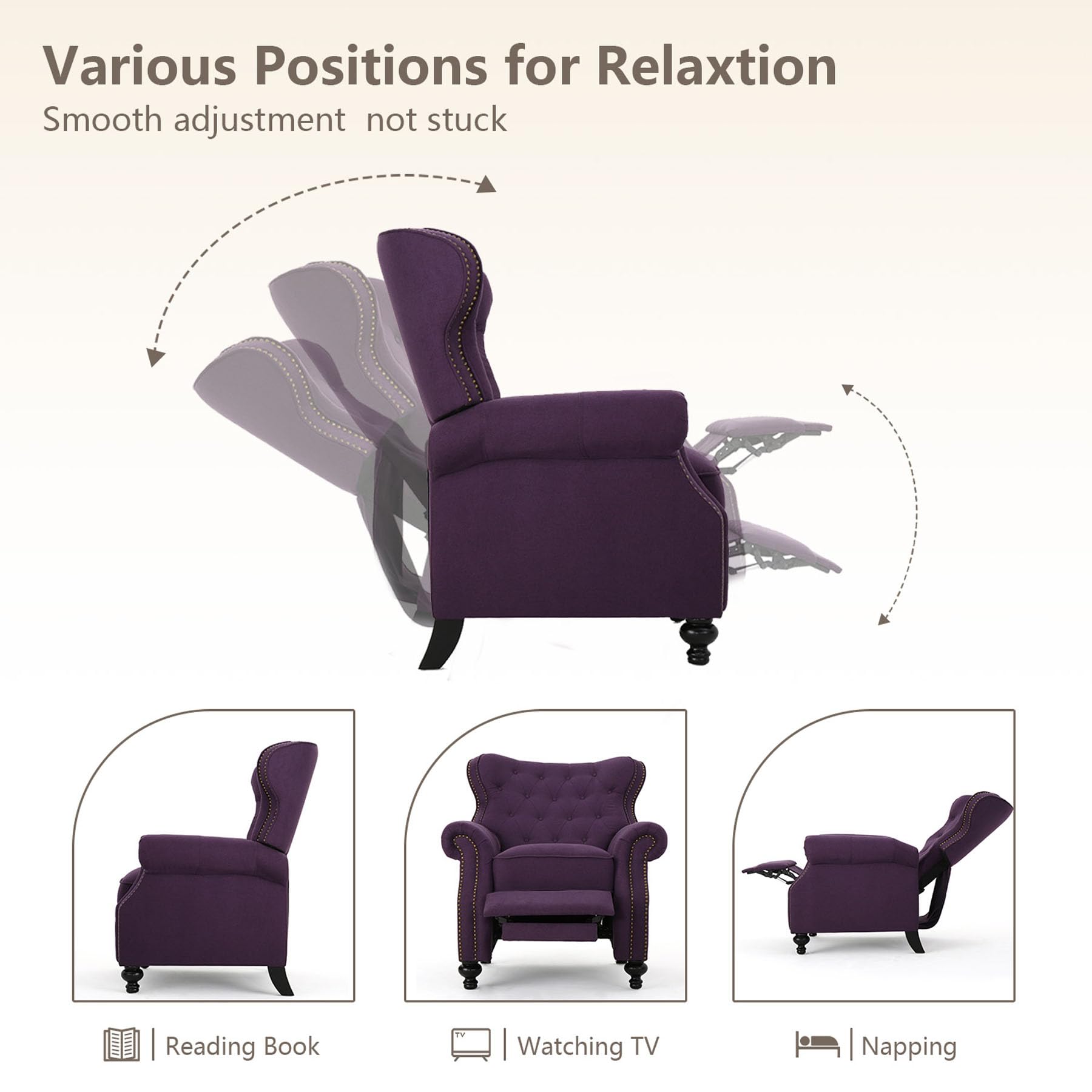 Purple Pushback Recliner Chair with Wingback Design