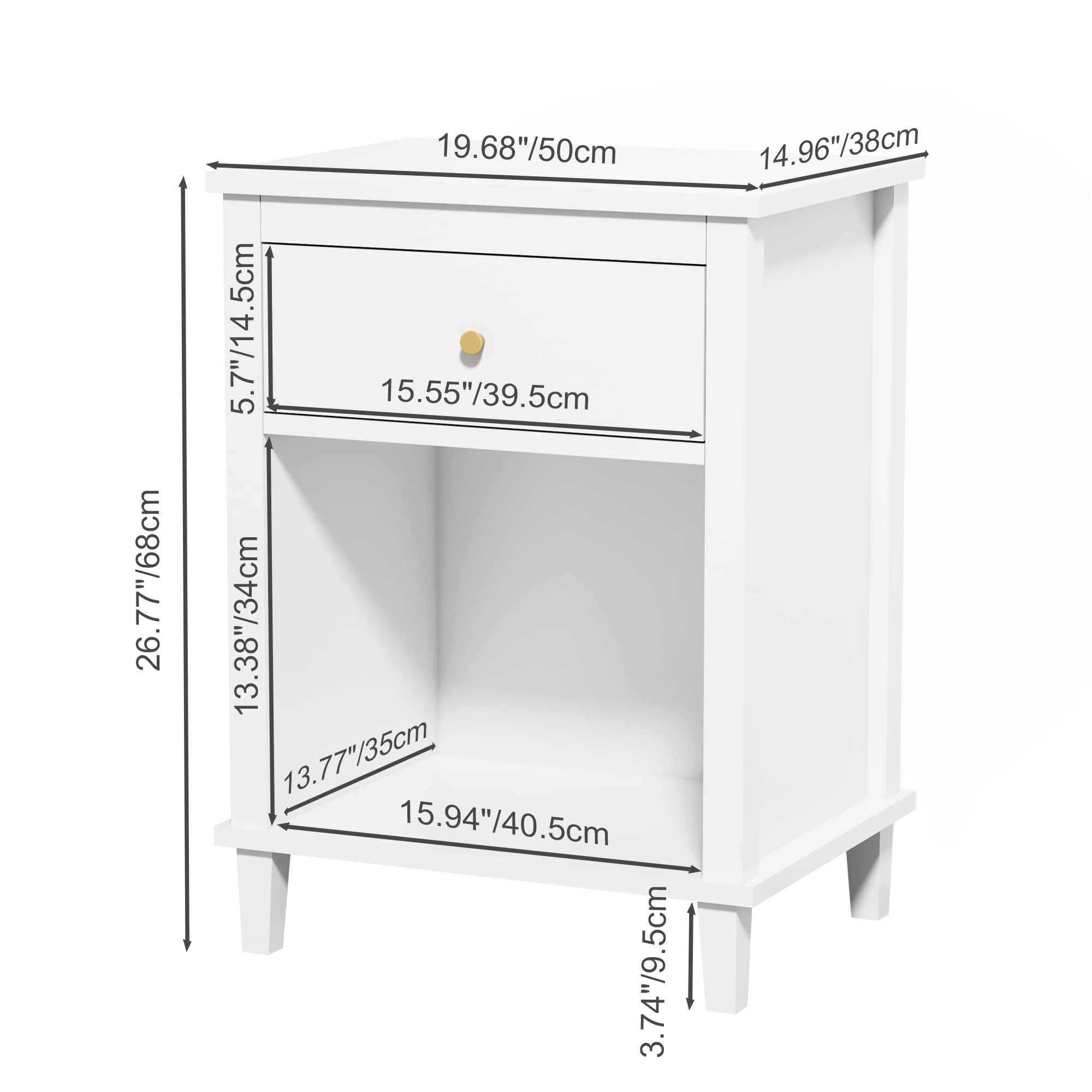 White Nightstand with Drawer and Storage Shelf