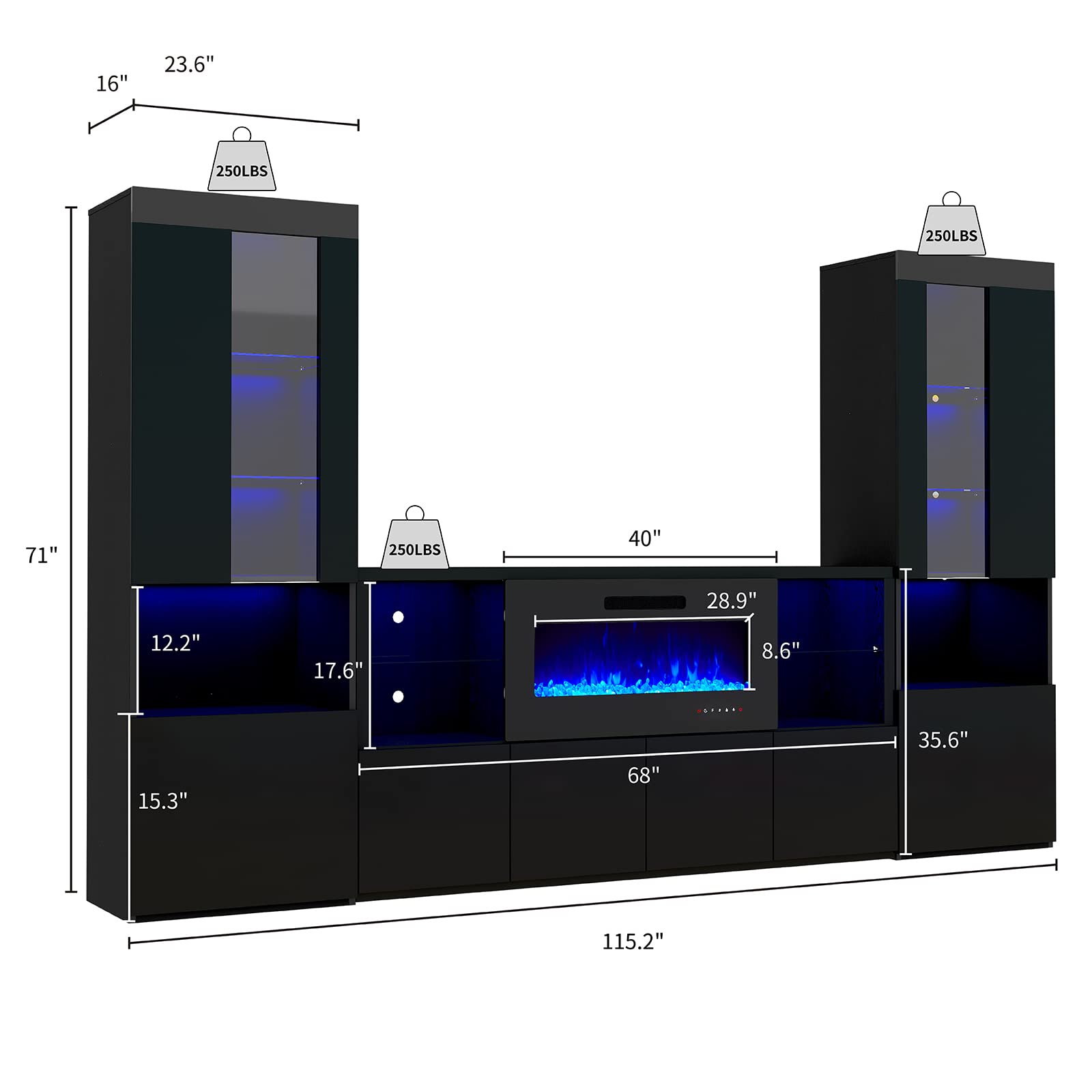 3 Piece Modern High Gloss Fireplace TV Stand & Bookcase Set