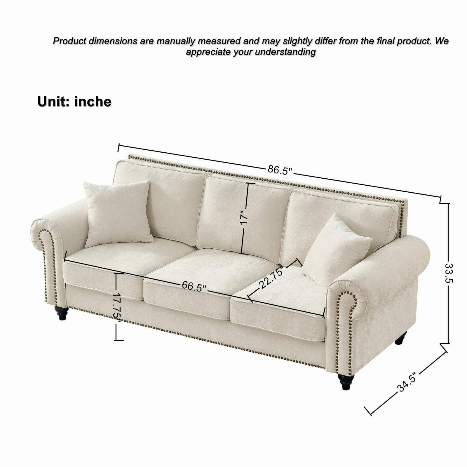 86.5" Chenille Sofa with Nailhead Trim