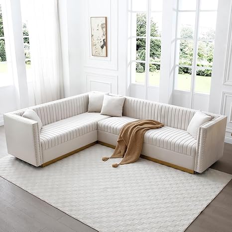 L-Shaped Velvet Sectional Sofa with Chesterfield Design