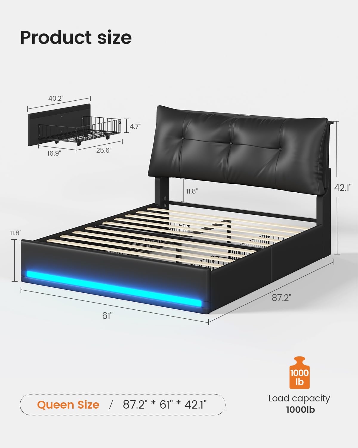 Full Size Upholstered Bed Frame with LED Lights, Storage Drawers & Charging Station