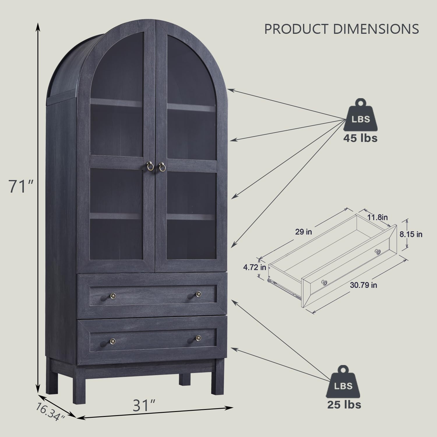 71" Tall Arched Kitchen Pantry Cabinet with Glass Doors