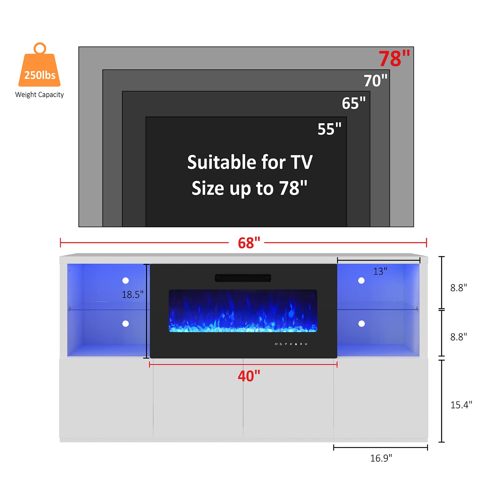Modern Fireplace TV Stand 68 Inches White